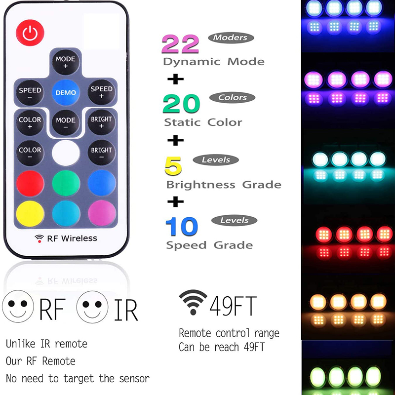 DC5-24V 2W/PCS 8PCS RGB Color Changing LED Under Cabinet Puck Lights Kit, With RF Remote Control